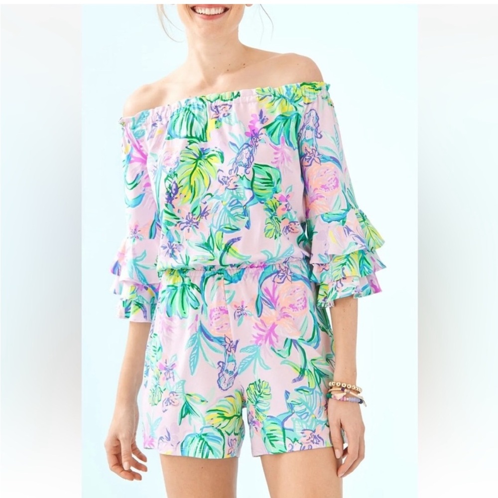 Lilly Pulitzer Calla Off-The-Shoulder Romper Amethyst Tint Mermaid Size XS